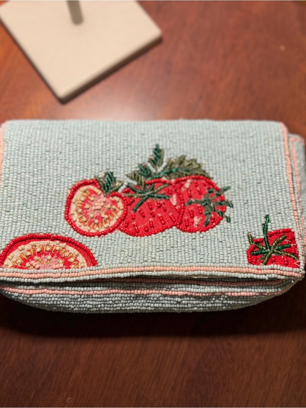 Beaded Strawberry Embroidered Clutch Wallet - Light Blue and Red